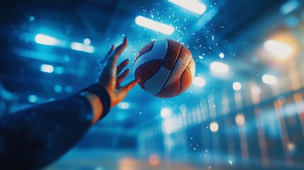 Volleyball serve captured in motion with detailed ball texture and dynamic background