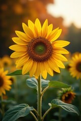 Obraz premium Late season sunflowers, muted tones of autumn foliage , macro, fall