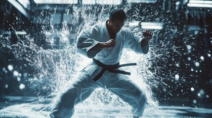 Dynamic karate pose captured mid-action with focus on fluid movement.
