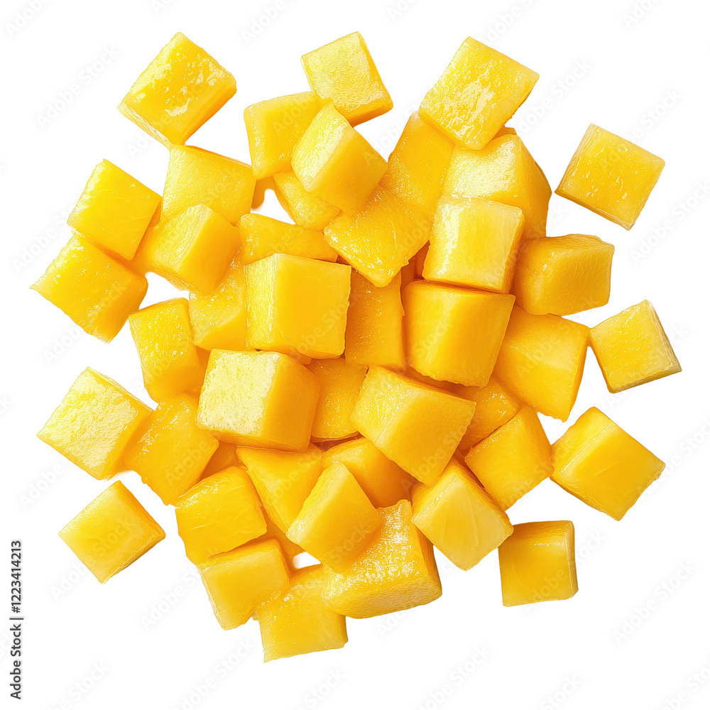 Poster fresh mango slices cut into cubes neatly isolated on transparent background for culinary presentatio