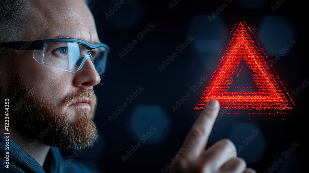 Poster focused individual interacting with digital interface displaying red triangle