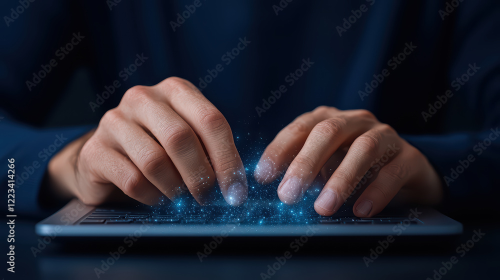Poster data scientist typing on laptop, creating digital magic with hands