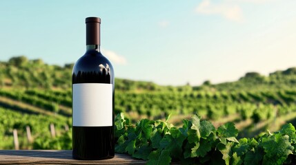 Fototapeta premium A sleek wine bottle stands on a wooden table, overlooking lush green vineyards under a clear sky, inviting wine lovers to indulge in its offerings.