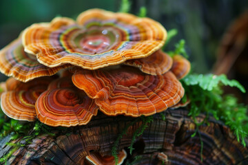 A detailed close-up photograph of vibrant, multicolored mushrooms with concentric rings, water droplets, and lush green moss