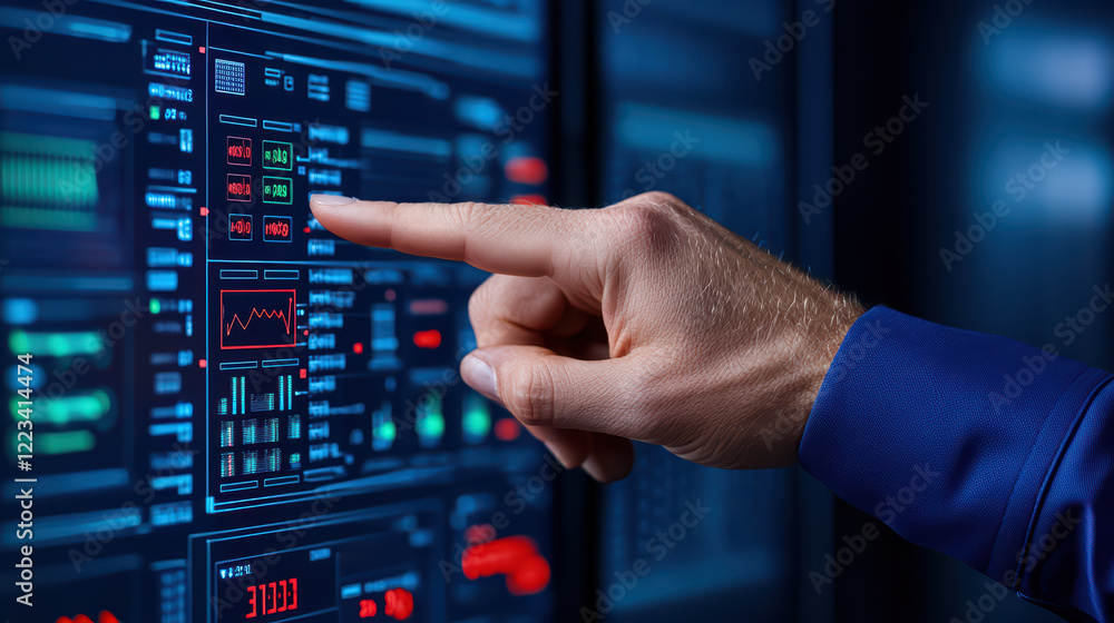 Poster hand interacting with digital control panel displaying data and graphs