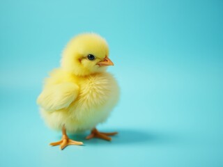 Small yellow chicken standing on light blue background