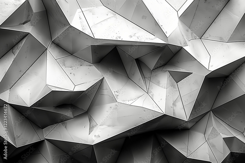 Poster monochrome geometric abstract art with various polyhedral shapes showing a sense of dimension and te
