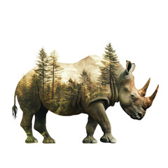 Fototapeta premium Power of nature revealed through double exposure of a rhino and a dense forest landscape, Rhino and forest double exposure, concept of power of the nature with White background