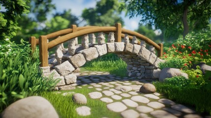 Stone arch bridge in a lush green garden setting