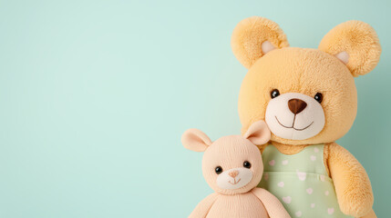 Obraz premium Soft teddy bears in pastel colors against mint background
