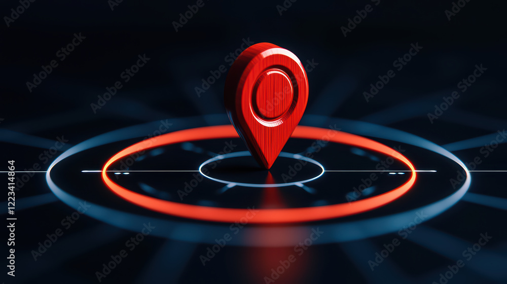 Poster 3d red location pin dark background with circular patterns, symbolizing navigation and mapping