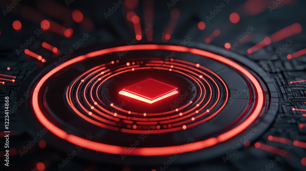 Poster futuristic red geometric design with glowing circular patterns and lines