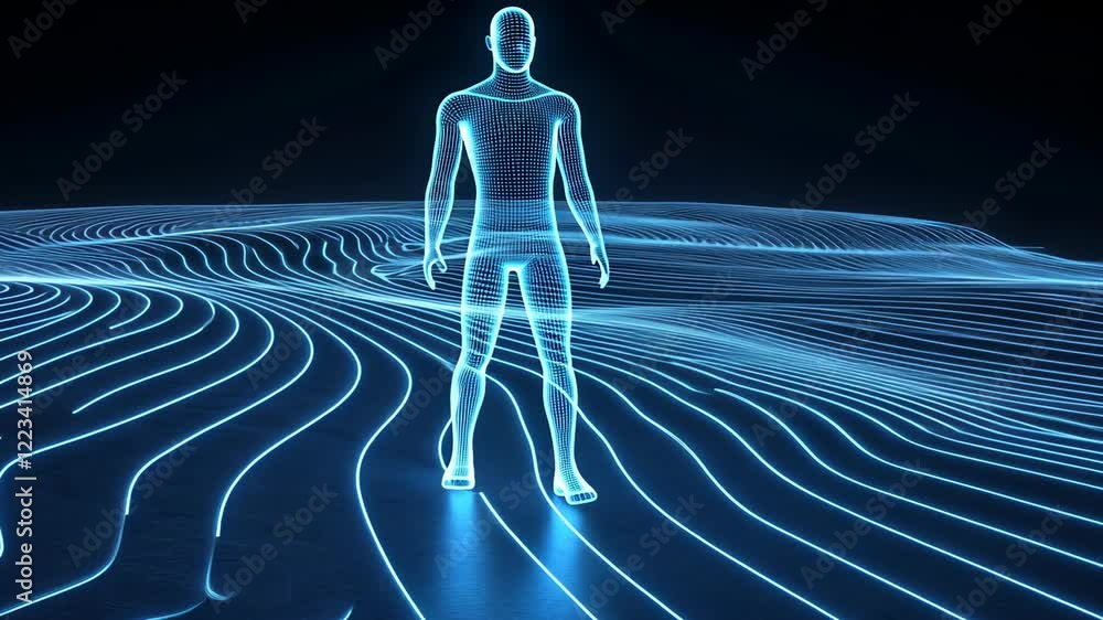 Poster digital human figure standing on abstract waves with glowing lines in a futuristic environment