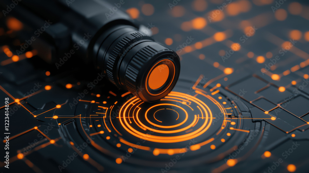 Poster close up of futuristic device with glowing orange circuits and patterns