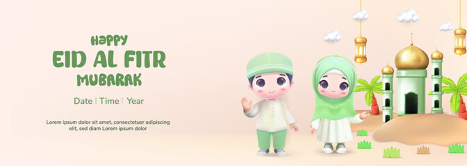 Set Elements Eid Al Fitr illustration concept with 3d cute character Muslim Boy and Girl.