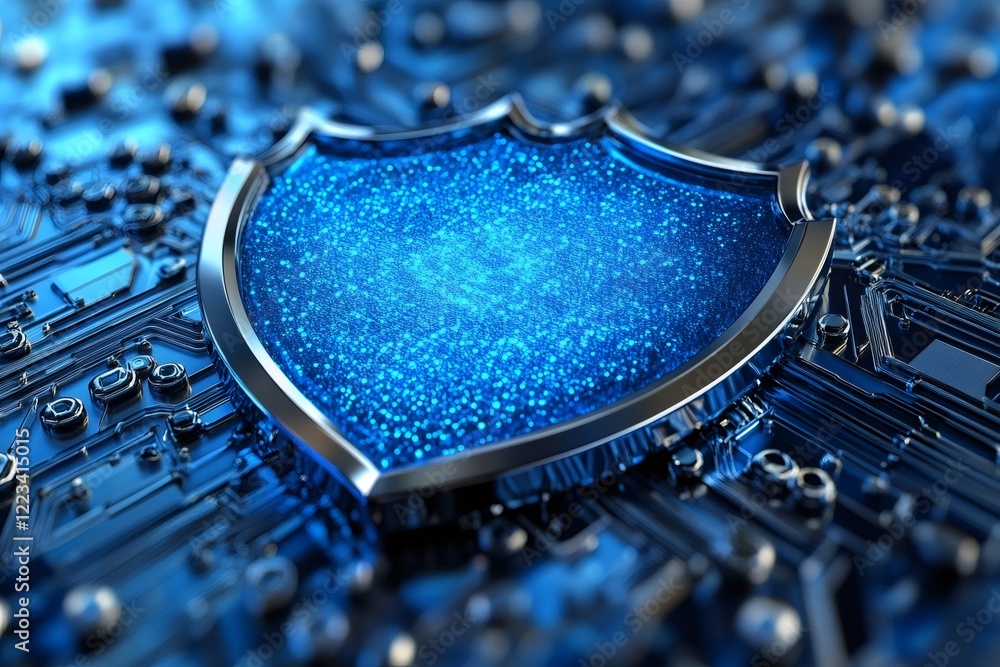 Poster Cybersecurity shield protecting digital data on a circuit board