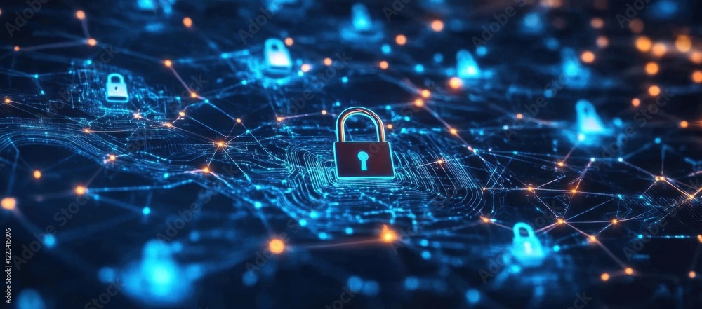 Poster an abstract background with interconnected circuit patterns and security symbols, representing the i