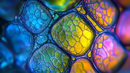 Close-up of plant cell under a microscope with detailed chloroplasts, showing chloroplasts and cell walls with vibrant colors, captured in high definition.