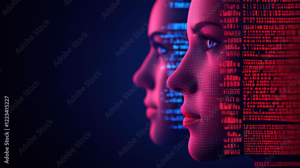 Poster digital faces with binary code, representing technology and ai