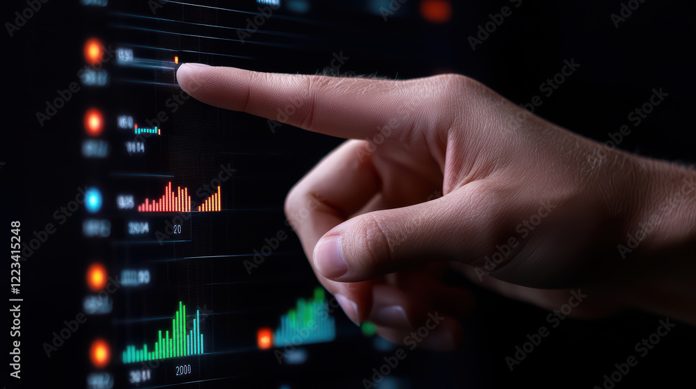 Poster interactive data analysis on digital screen with graphs and charts