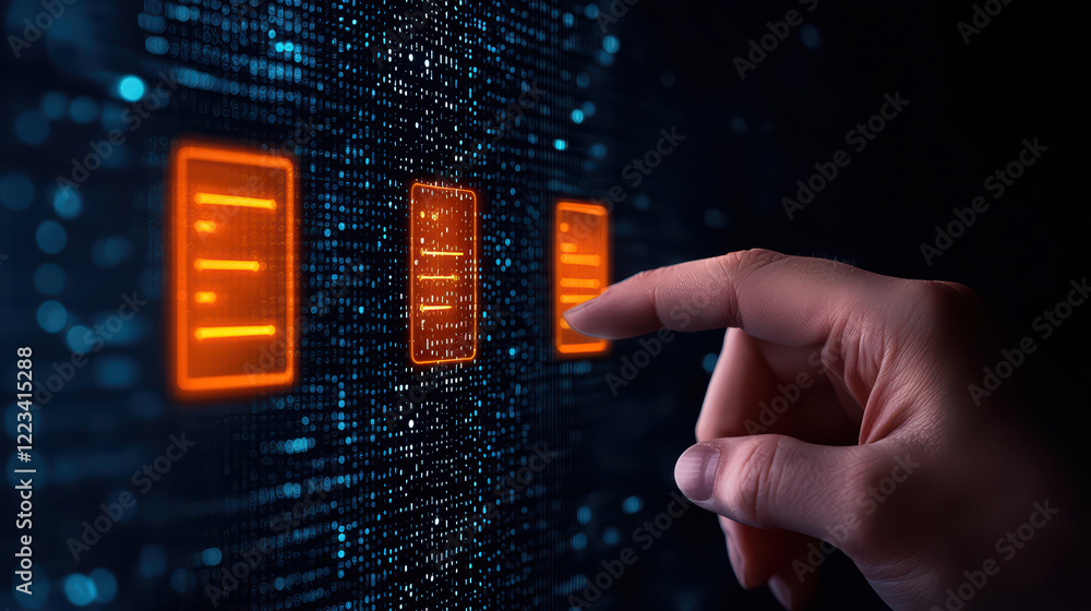 Poster digital interface with glowing buttons and hand interaction