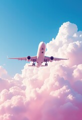 Airplane flying in blue sky with fluffy white clouds. Travel concept for vacation, adventure....