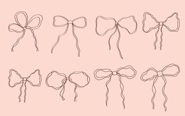 Elegant hand-drawn bow illustrations in minimal style.  Vintage vector illustration. Perfect for holiday poster, greeting cards, wedding