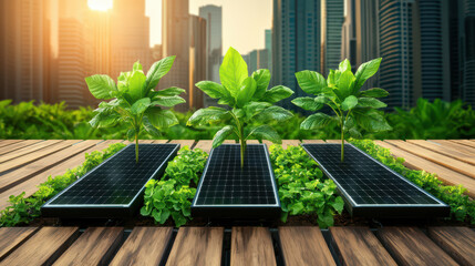 Fototapeta premium Eco friendly energy farm with solar panels and plants in urban setting