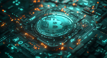 Glowing Bitcoin Symbol on Futuristic Circuit Board with Red LED Lights