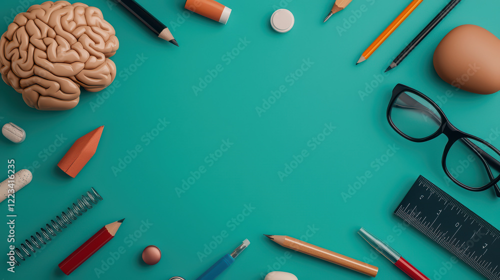 Poster creative workspace with brain model and stationery items