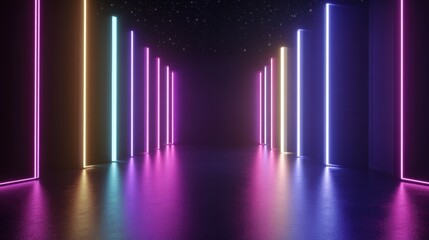 A vibrant corridor illuminated by colorful neon lights creates a futuristic atmosphere with reflections on a polished floor.