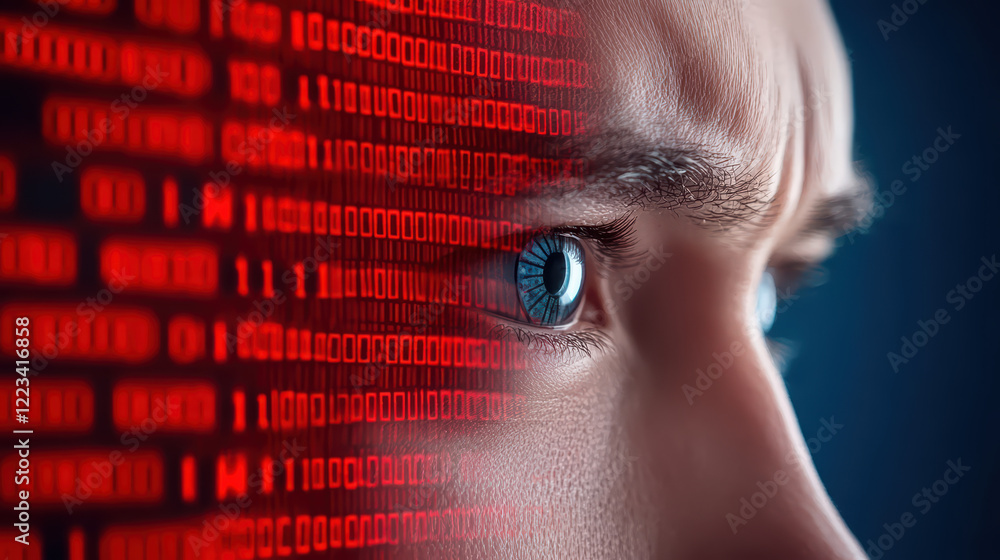Poster digital eye scanning with binary code reflecting on face