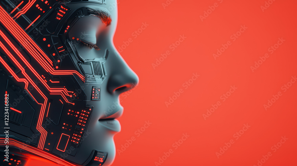 Poster futuristic face with circuit patterns on vibrant red background