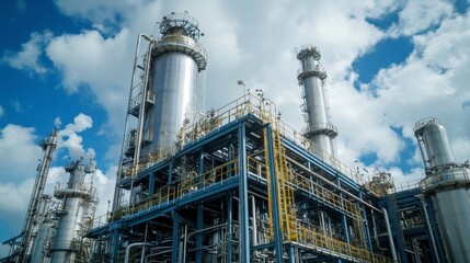 Distillation columns and chemical plant processing hydrocarbons under blue sky