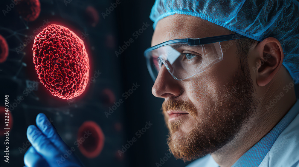 Poster scientist analyzing cellular structures with digital display technology