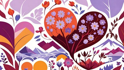 ハート, 愛, 花, 風景, 自然, 山, 春, 夕焼け, ロマンチック, イラスト, デジタルアート, デザイン, パターン, 繰り返し