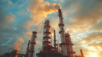 Oil refinery releasing smoke at sunset, polluting the atmosphere