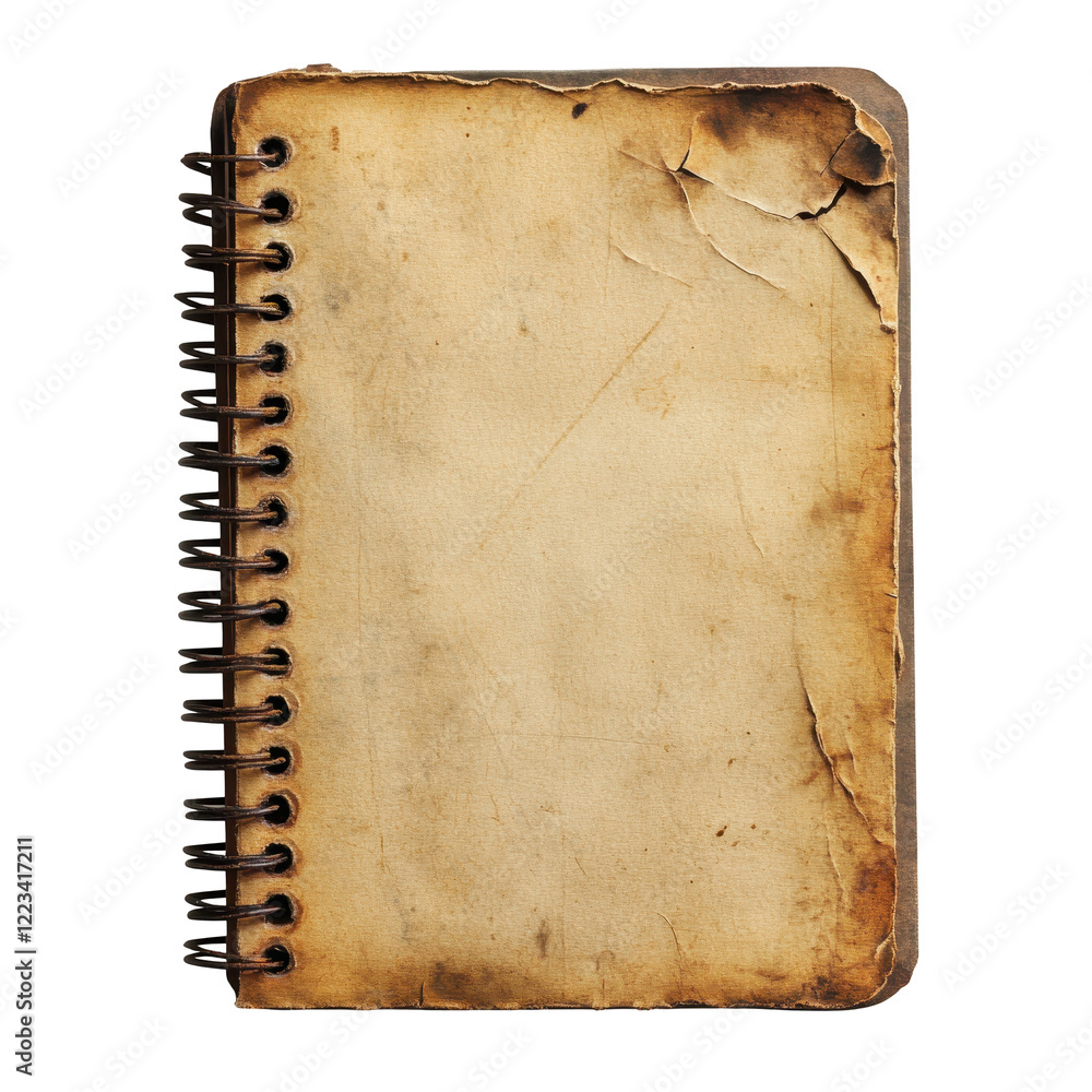 Poster grunge style spiral notebook with worn edges isolated on white background for creative projects, gru