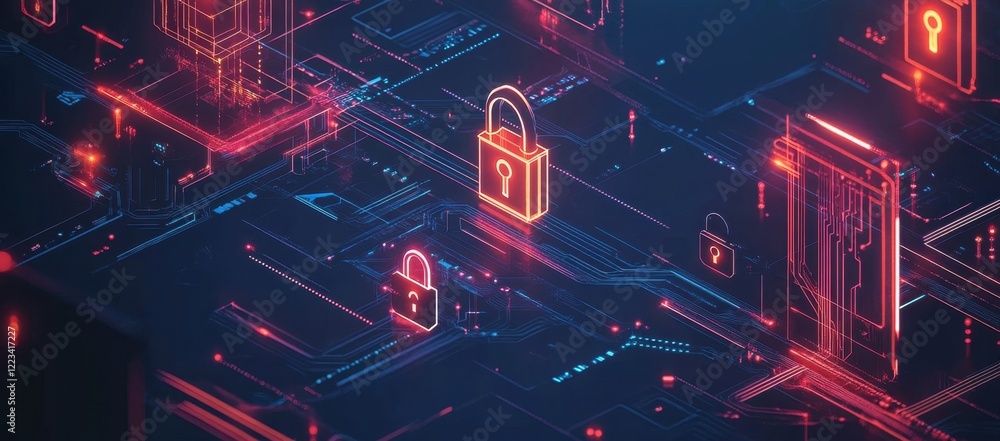 Poster a digital illustration of an abstract lock and data network, symbolizing security in the virtual spa