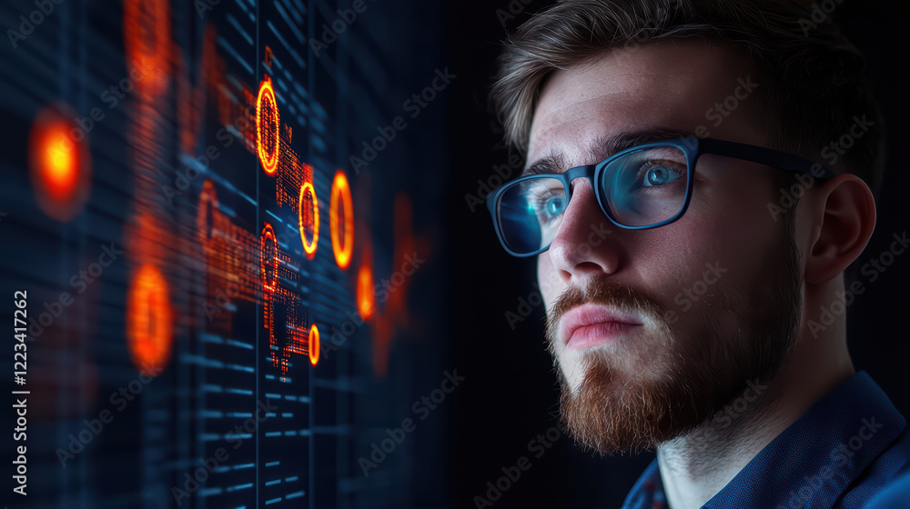 Poster focused man analyzing data visualization on digital screen