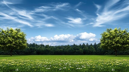 Fototapeta premium Lush green meadow filled with blooming wildflowers and dandelions under a clear blue sky, creating a tranquil spring atmosphere.