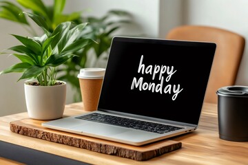 Laptop showing happy monday message is placed on wooden desk
