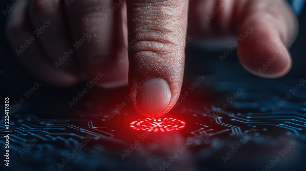 Poster close up of finger pressing glowing red button on circuit board