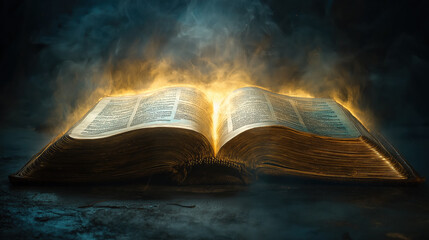 Glowing ancient book with mystical light and smoke on a dark background