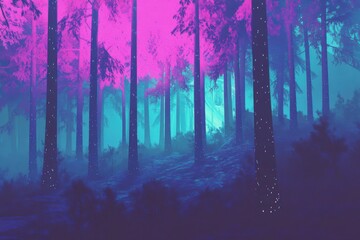 Vibrant holographic forest background with neon colors