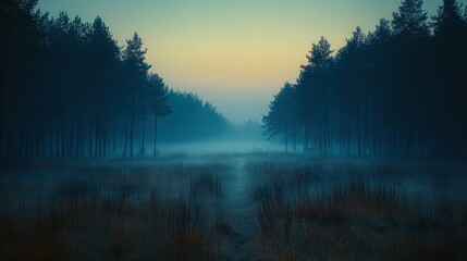 Misty forest path sunrise, tranquil nature scene