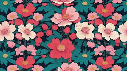 和風スタイル, 装飾プリント, 日本の美学, 繊細な調和, 自然のインスピレーション, 装飾的な花, フラットイラスト, ベクターアート, タイムレスデザイン, フローラルグラフィック, バランスの取れた構図, 装飾芸術, 視覚の魔法, 花のシンボル.