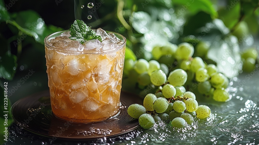 Aufkleber refreshing cocktail with fresh grapes and mint on a wet surface surrounded by greenery in a tranquil