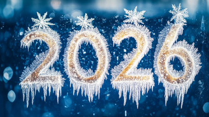 New Year 2026 frosty glass with snowflakes and bokeh lights background
