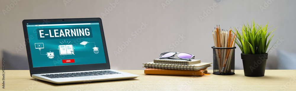 Poster e-learning website with modish sofware for student to study online on the internet network